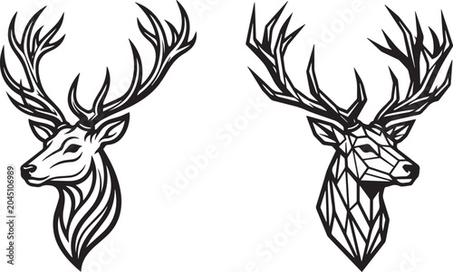 Black deer head silhouette set featuring a side view flowing line art stag portrait and a modern geometric polygonal buck illustration