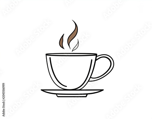 Steaming coffee cup on saucer, minimalist line art, simple illustration