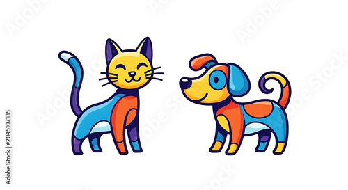 Two cartoon foxes standing side by side, one with a blue bow and the other with a red bow