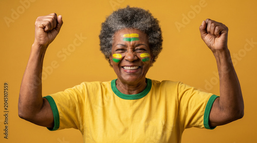 Elderly Black Woman Celebrates with Brazil Flag Face Paint and Fists Raised