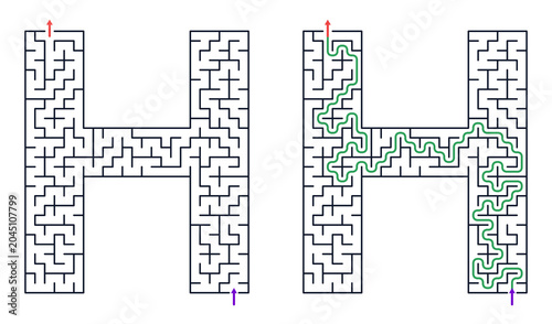 Photos Maze design featuring letter H with solved path illustration