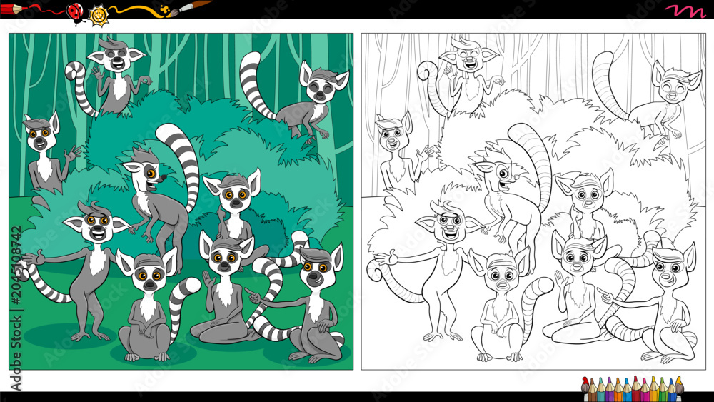 Fototapeta premium cartoon lemurs wild animals comic characters group coloring page