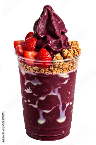 Swirled acai cup with strawberries granola and condensed milk