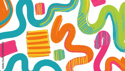 Fotografía Abstract Brushstrokes in Vibrant Colors: A lively and dynamic abstract composition featuring bold, freehand brushstrokes and geometric shapes in a cheerful palette of orange, blue, green, pink