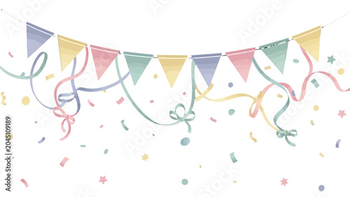 Foto Festive Party Bunting: Colorful pastel party bunting, streamers, and confetti create a joyful and celebratory atmosphere, perfect for any festive occasion