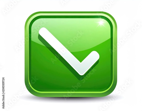 Glossy green square button with a white checkmark symbol