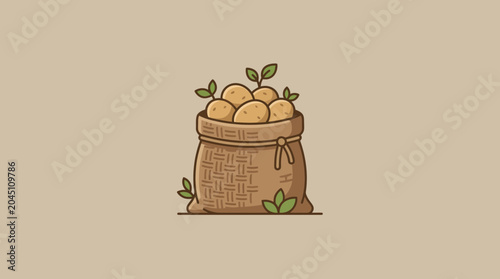 Photos Illustration of a Burlap Sack Filled with Fresh Harvested Potatoes