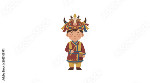 Foto Illustration of a Little Boy Wearing Traditional Mongolian Folk Costume