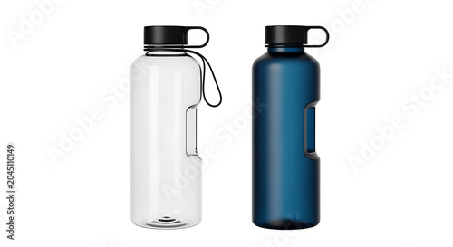 White and blue plastic spray bottles with black spray nozzles and handles