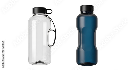 White and blue insulated stainless steel water bottles with black lids and handles