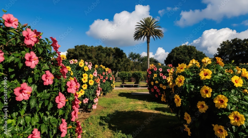 Obraz premium Path through lush garden path lined with vibrant pink and yellow hibiscus flowers. Tall palm tree stands against bright blue sky with fluffy white clouds. Greenery surrounds peaceful botanical oasis.