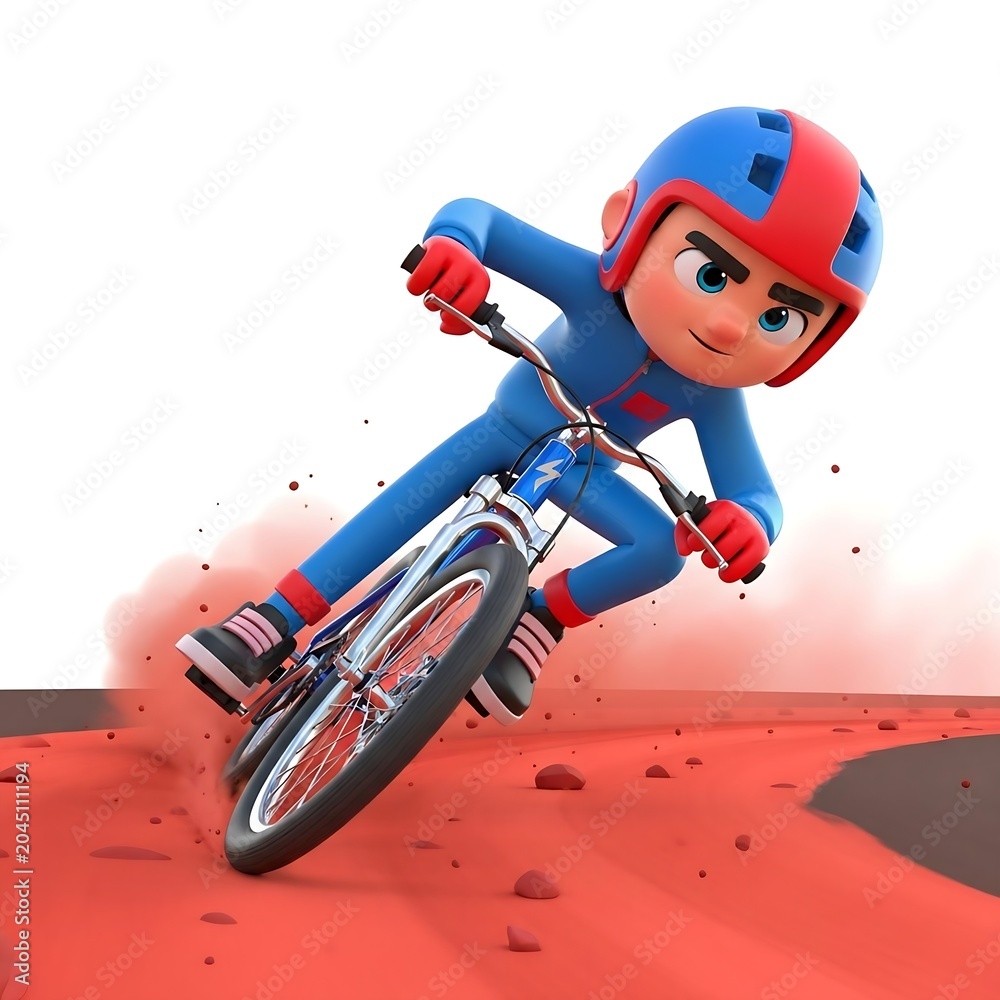 Naklejka premium Cartoon cyclist racing on a dirt track with red dust clouds