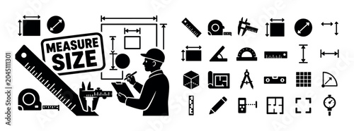 Measure Dimension Tools. Clean solid filled banner composition showing one oversized measuring ruler stretching from left edge, one technician character near right edge, a large dimension diagram