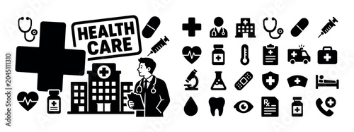 Medicine Healthcare Service. Clean solid filled banner composition showing one oversized medical cross stretching from left edge, one doctor character near right edge, a large hospital building