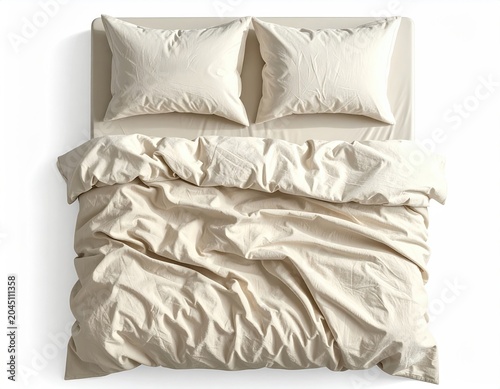 Unmade bed with rumpled neutral bedding and two pillows, top-down view