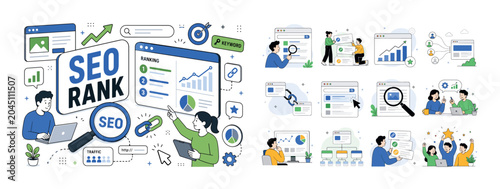 SEO Optimization Banner. Search engine optimization, business marketing, traffic, ranking, optimization, link and keyword banner with two geometric marketers beside an oversized search magnifier and