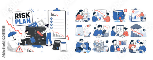 Business Failure Banner. Bankruptcy, financial crisis, money leak, debt, no money, recession and unpaid bills banner with two geometric characters repairing an oversized leaking wallet and large debt