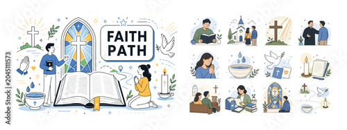Christianity Faith Banner. Cross, church, bible, priest, prayer, Christian, baptism and Jesus faith symbols banner with two geometric characters beside an oversized church window and large open bible,