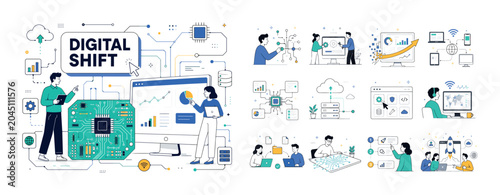 Digital Technology Banner. Circuit, computer, digital transformation and internet connection banner with two geometric characters beside an oversized circuit board and large connected computer screen,