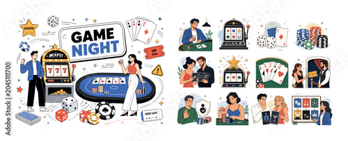 Casino Entertainment Banner. Gambling venue, poker, slot machine, dice, playing cards, poker chips and jackpot entertainment banner with two geometric adult characters beside an oversized slot machine