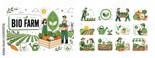 Organic Farming Banner. Organic farm product, vegan, bio symbol and natural farming banner with two geometric farmers beside an oversized leaf badge and large farm crate, crop rows reaching edges,