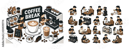 Coffee Shop Series banner showing two baristas around an oversized cappuccino cup and giant espresso machine, coffee beans, sugar bowl, latte glass, takeaway cup, and cafe counter filling all edges,