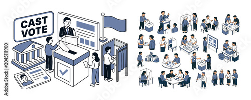 Election Voting Series banner showing three voters around an oversized ballot box and giant campaign board, voter card, government building block, candidate podium, voting booth, and democracy flag