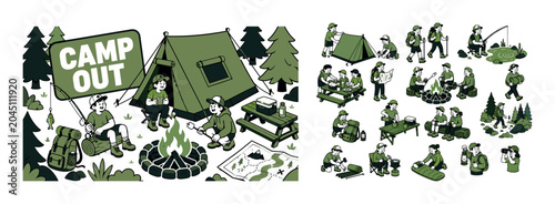 Camping Outdoor Series banner showing three campers around an oversized tent and giant campfire ring, fishing rod, hiking backpack, picnic table, forest trees, and nature map filling all edges, bold