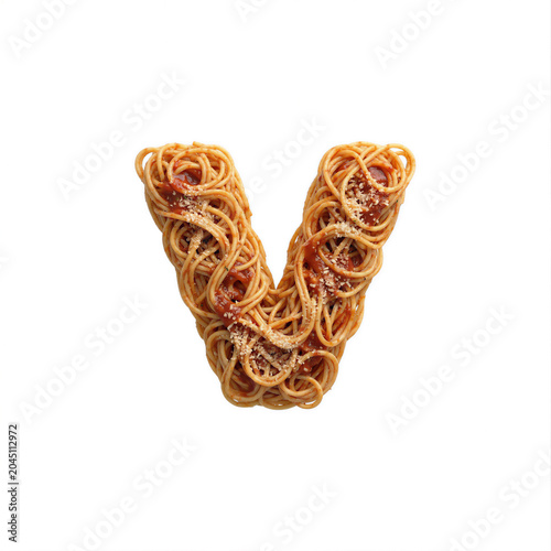 Spaghetti pasta letter V - Small Italian noodles font isolated on white background. Perfect alphabet for creative illustrations related to traditional cuisine, food, nutrition...