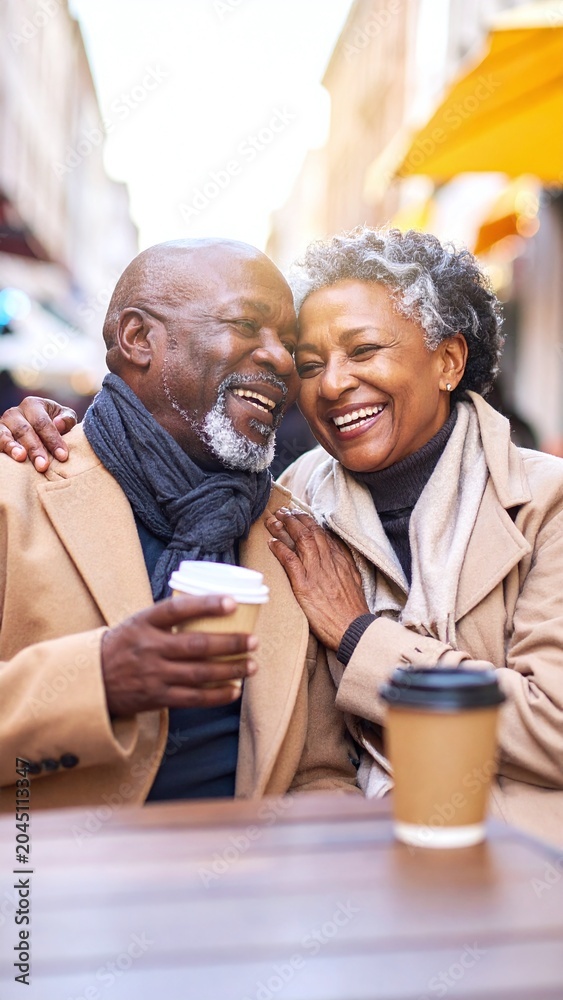 Obraz premium A joyful senior couple sharing a laugh over coffee at an outdoor cafe. This warm, romantic portrait captures lifelong love and a happy retirement lifestyle in a stylish urban setting.
