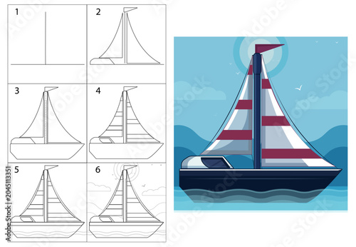 Billede på lærred Step-by-step instructions on how to draw a boat