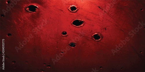 Foto Red surface with bullet holes and scratches violence abstract background perfora