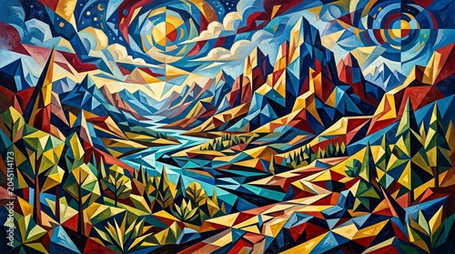 A vast surreal landscape featuring prominent cubist elements