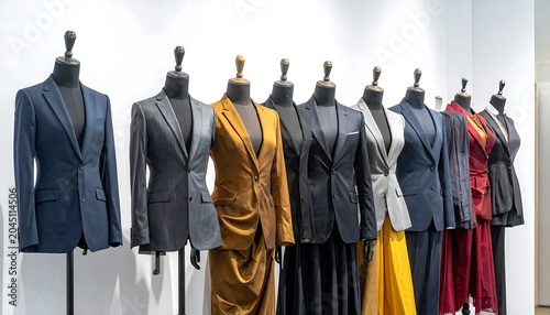 Elegant Tailored Blazers and Dresses Displayed on Mannequins in Fashion Showroom