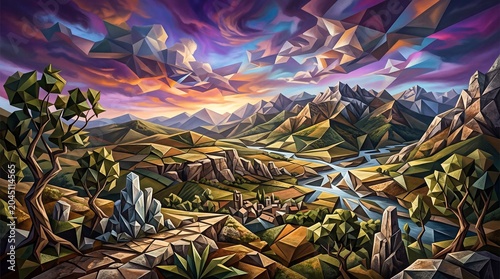 A vast surreal landscape featuring a blend of natural and fantastical elements