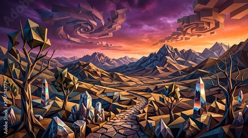 A vast surreal landscape featuring a blend of natural and fantastical elements