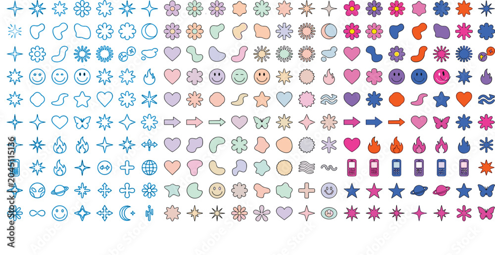 Obraz premium Comprehensive collection of trendy y2k aesthetic stickers and retro icons featuring colorful stars flowers hearts smiley faces butterflies and geometric shapes for creative design projects.