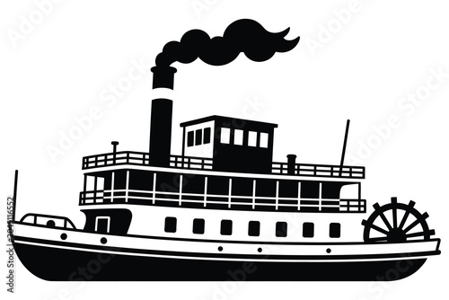 Fotografie Classic steam paddle boat silhouette icon with steamboat paddleboat riverboat na