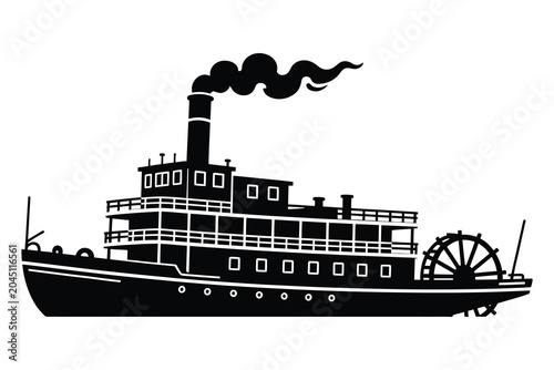 Foto Traditional river paddle steamer silhouette with steamboat paddleboat riverboat