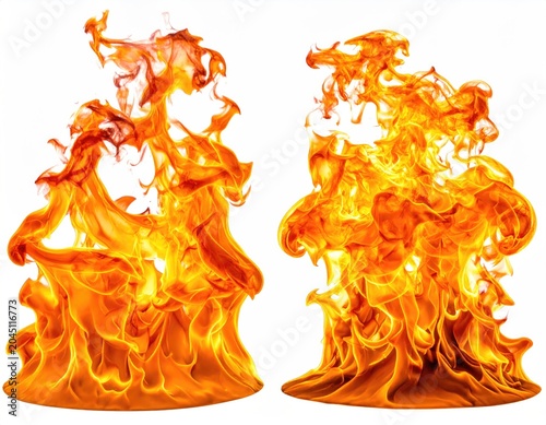 Two vibrant, dynamic flames rise and swirl against a stark white background