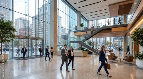 Fototapeta samoprzylepna Modern office building lobby with people walking and interacting in a bright contemporary space with large windows and architectural staircase