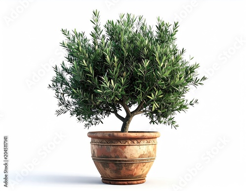 Lush green tree with silvery leaves in a rustic clay pot