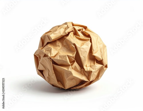 Crumpled brown paper ball with stark shadow on a white background