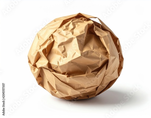 A crumpled ball of brown paper sits in the center, casting a soft shadow