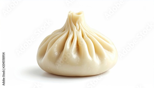A single, pleated dumpling with a light, creamy appearance on white