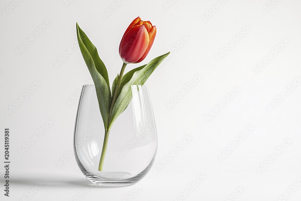 Obraz premium Single red Tulip spring flower in glass vase on white background. Generative AI, AI generated