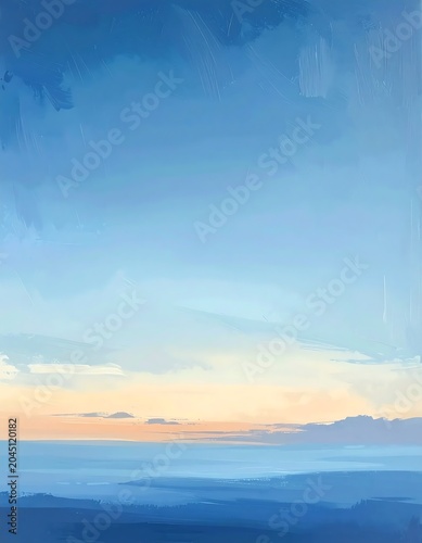 Serene Blue Seascape Painting with Soft Horizon at Sunset Coast