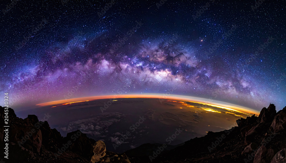 Obraz premium Explore the cosmos with this majestic panorama of the Milky Way over a curved horizon. This ethereal nighttime scene blends earth and space, ideal for inspirational and creative science projects.
