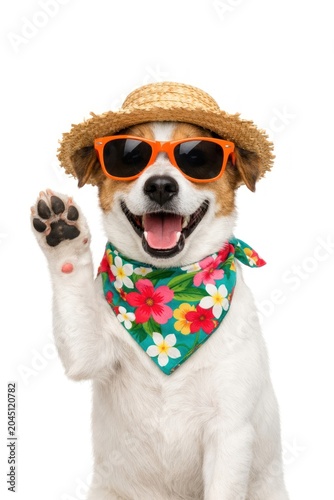Happy dog in sunglasses and hat waving paw