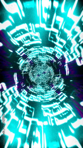 A vibrant turquoise sci-fi animation of a rotating data corridor, symbolizing high-speed fiber optics and cloud computing